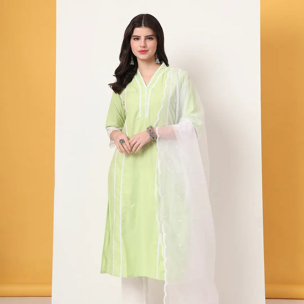 Yufta Premium Cotton Poplin Green Kurta Dupatta Pant Set - Distacart