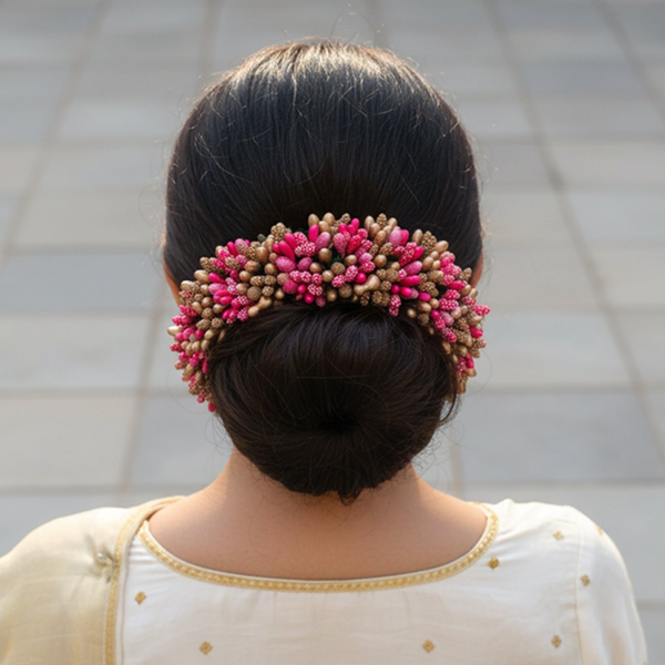 Pink & Gold Pollens Bridal Hair Gajra - Distacart