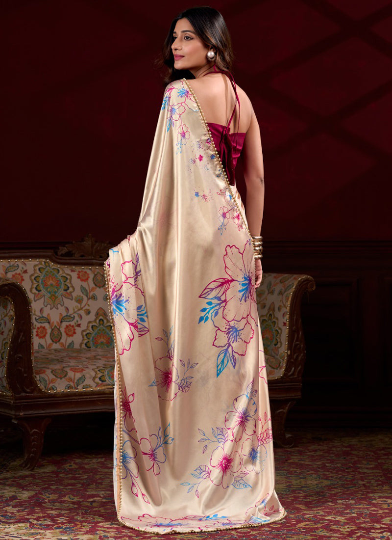 Vegaa Fashion Cream Japan Satin With Pearl Lace Printed Designer Saree