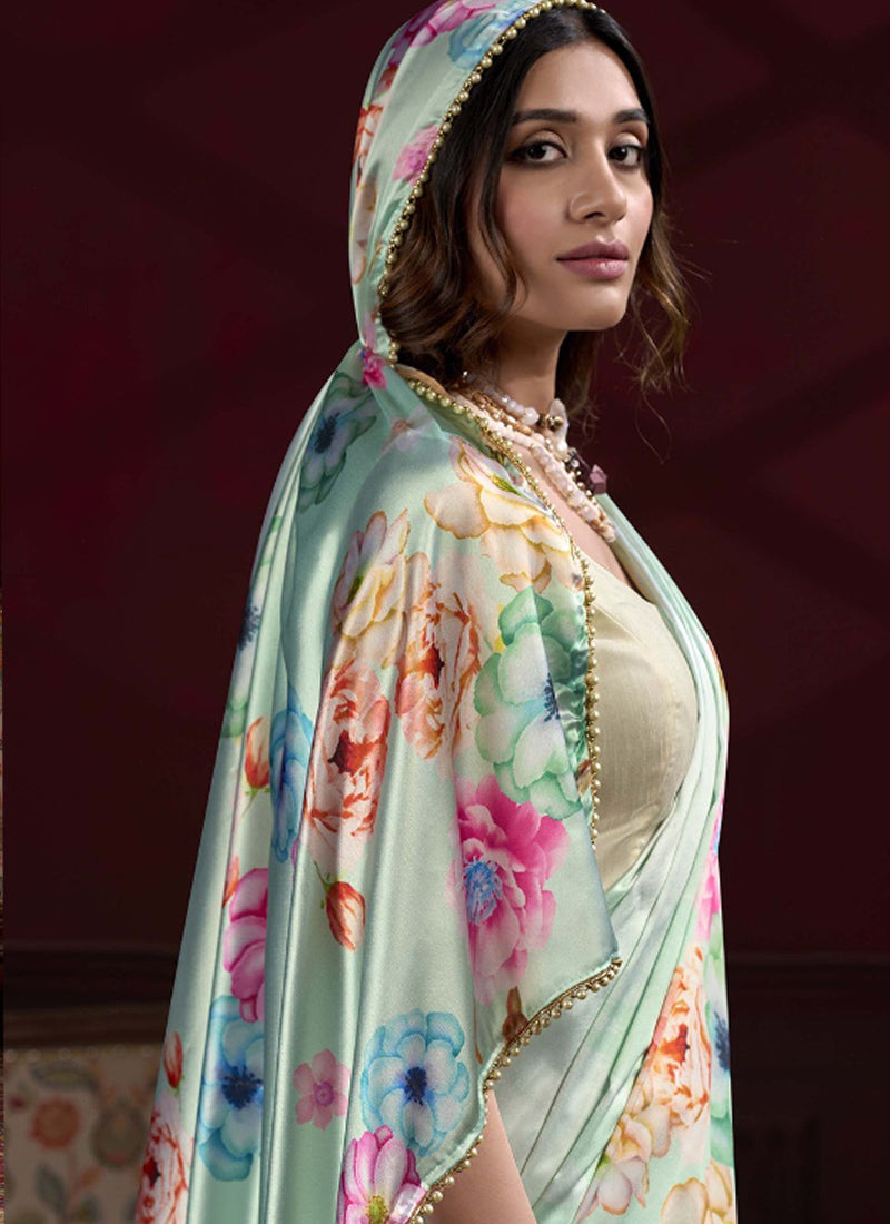 Vegaa Fashion Sea Green Japan Satin With Pearl Lace Printed Designer Saree