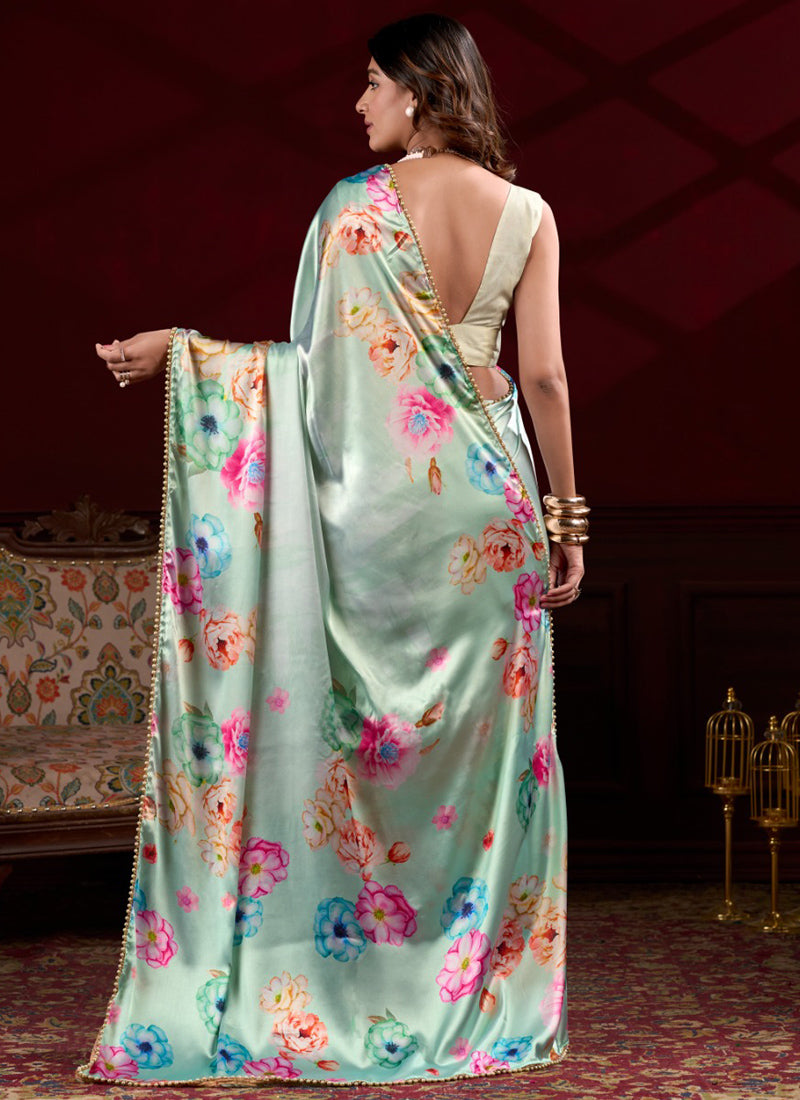 Vegaa Fashion Sea Green Japan Satin With Pearl Lace Printed Designer Saree