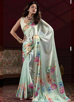 Thumbnail for Vegaa Fashion Sea Green Japan Satin With Pearl Lace Printed Designer Saree