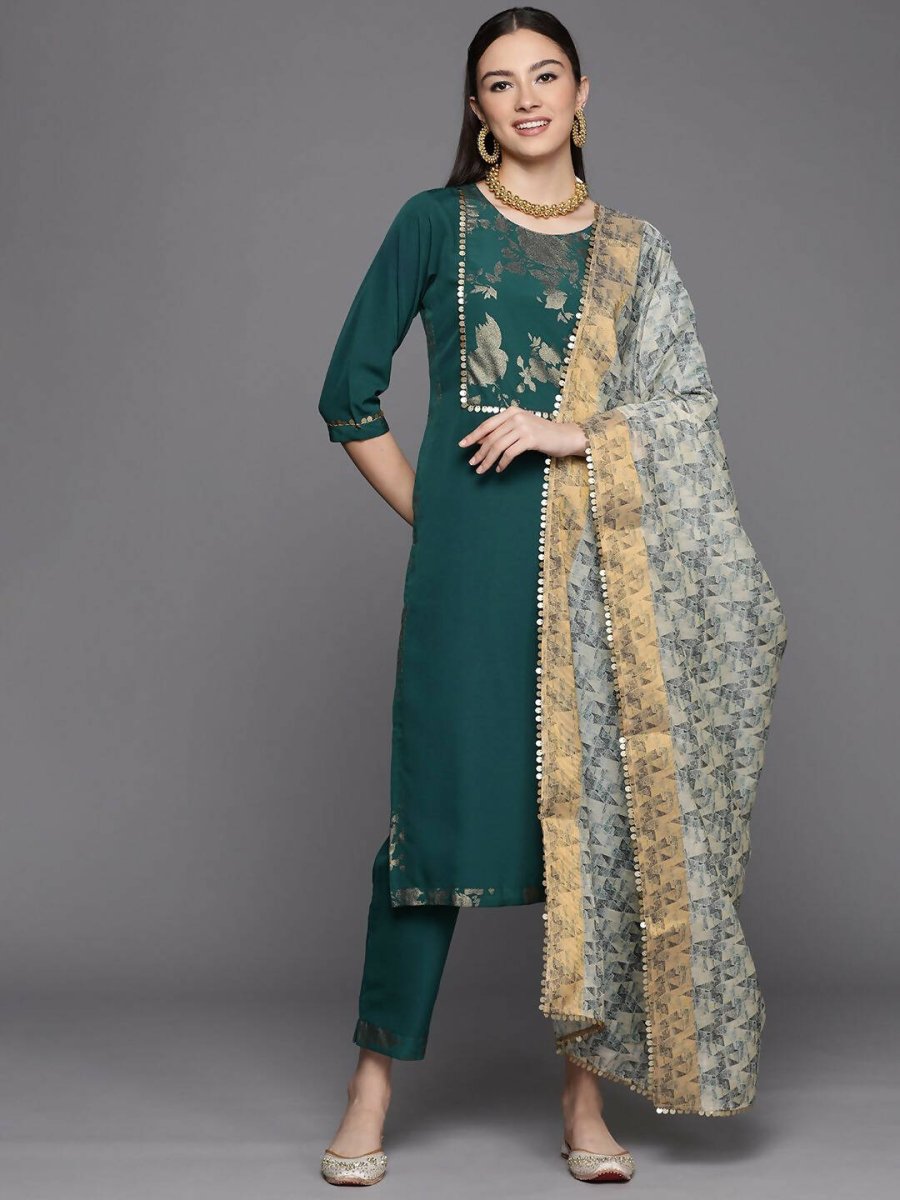 Ahalyaa Womens Dark Green Crepe Smoke Printed Kurta Pant Set With Dupatta - Distacart
