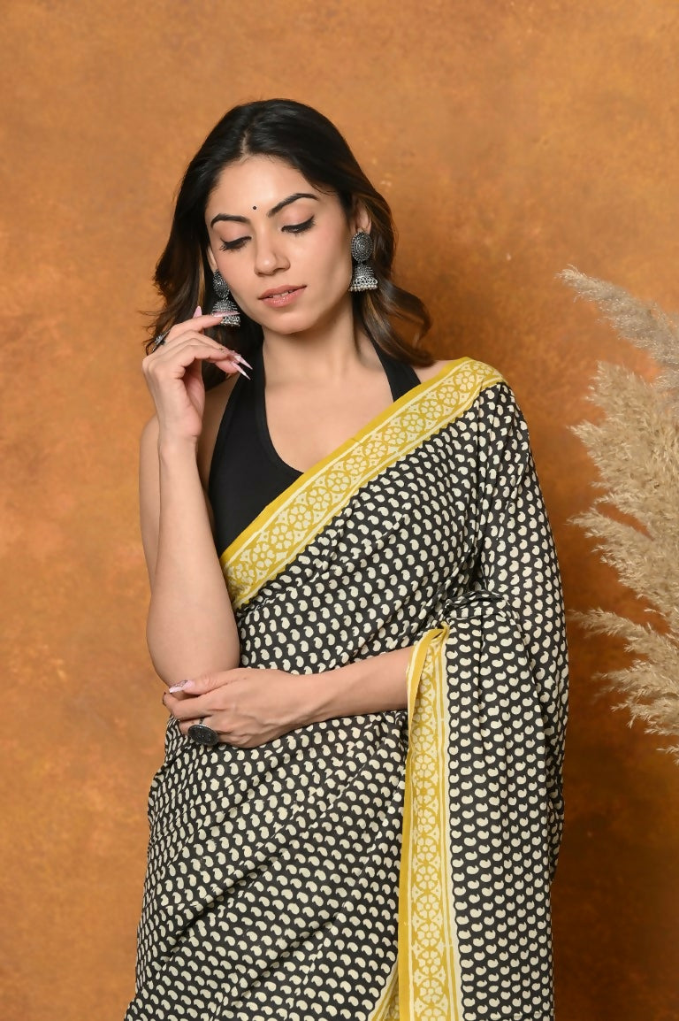 Very Much Indian Handblock Printed Cotton Saree With Natural Dyes - Black & White - Distacart