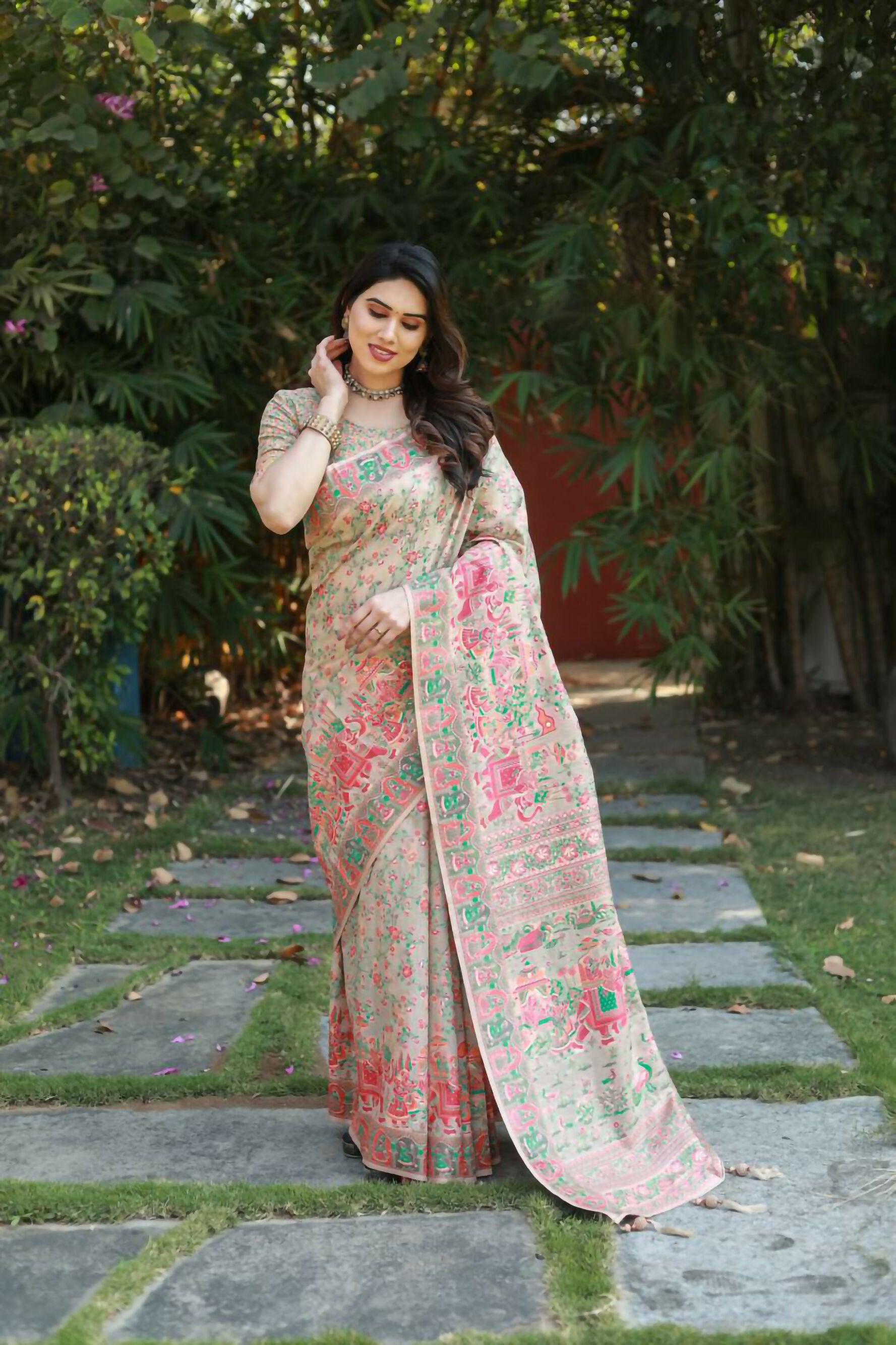 Vastranavya Luxury and Beautiful Soft, Smooth, Flowing Original Pashmina Soft Cotton Saree with Matching Blouse Fabric - Cream - Distacart