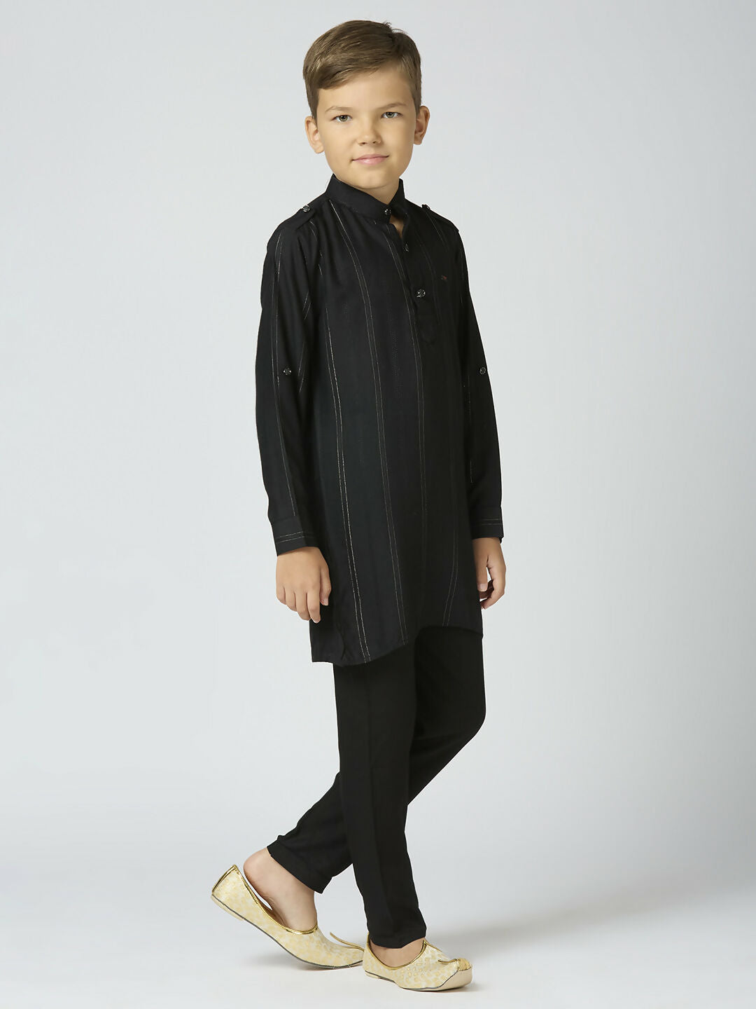 Joban Fashion Kids Island Full Sleeves Cotton Kurta and Pyjama Set with Strip - Black - Distacart