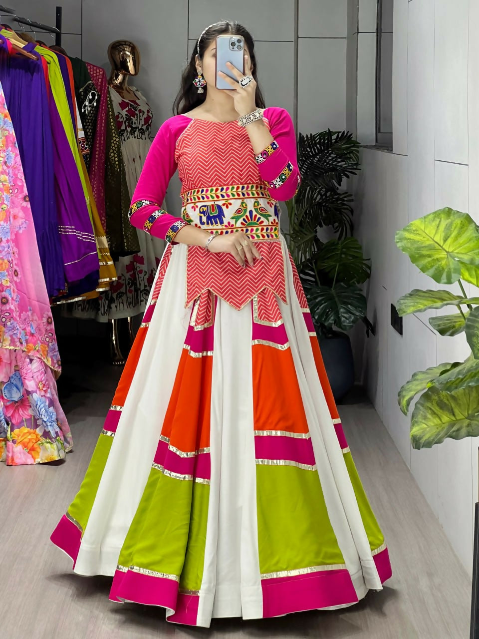 Yash Enterprise Multicolor Rayon Cotton Embroidery Semi Stitched Navratri Chaniya Choli - Dista