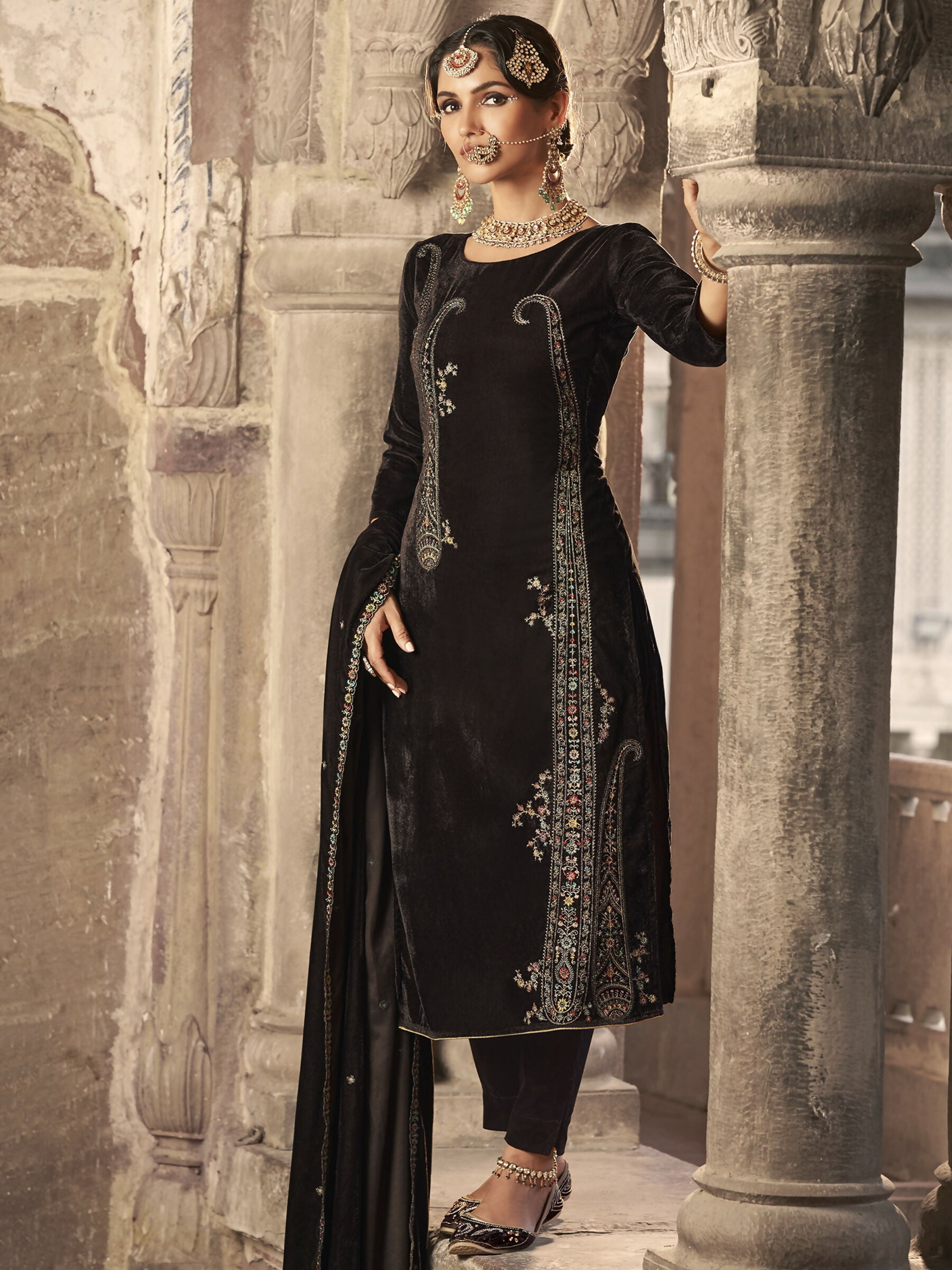 Jyoti Fashion Women's Brown Velvet Floral Resham Thread with Jari work Kurta with Trouser & Dupatta - Distacart