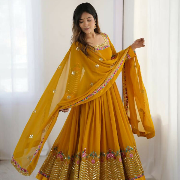 Joban Fashion Mustard Georgette Sequence Embroidery Work Readymade Kurta Set