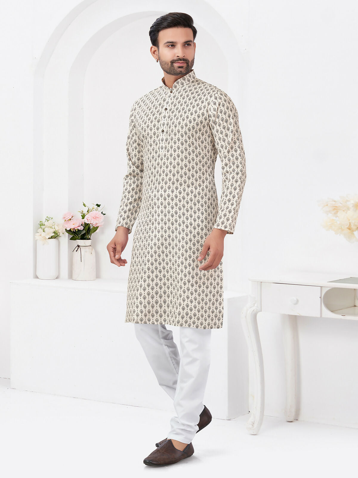 Joban Fashion Men's Rayon Cotton Cream Printed Kurta Pyjama set - Distacart