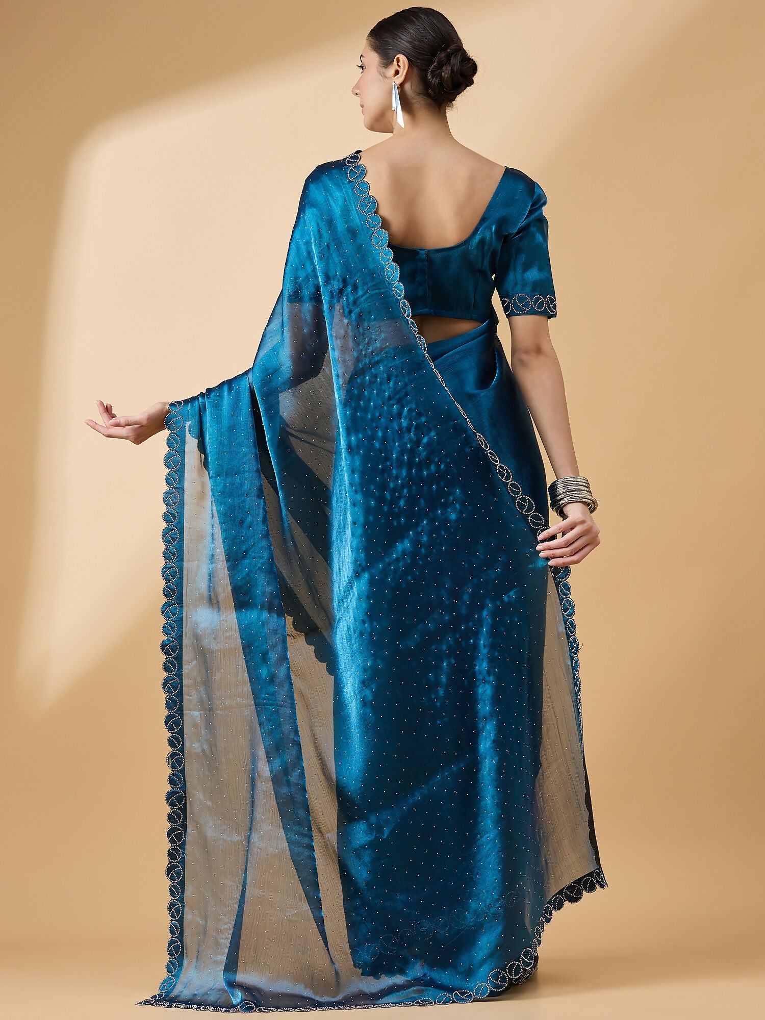 Teal Organza Swaroski Diamond Work Saree with Unstitched Blouse - Radha - Distacart
