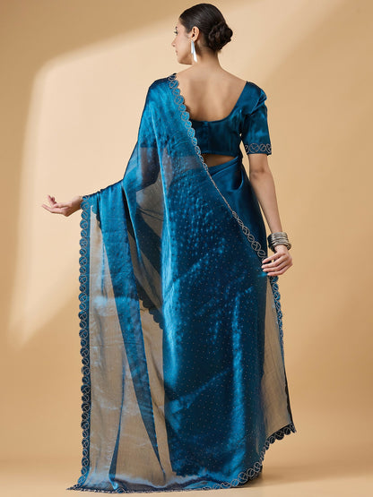 Teal Organza Swaroski Diamond Work Saree with Unstitched Blouse - Radha - Distacart