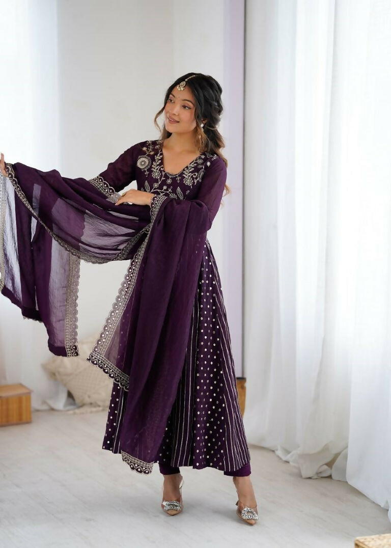 Teeya Creation Violet Color Heavy Crunchy Silk Embroidery Work Gown