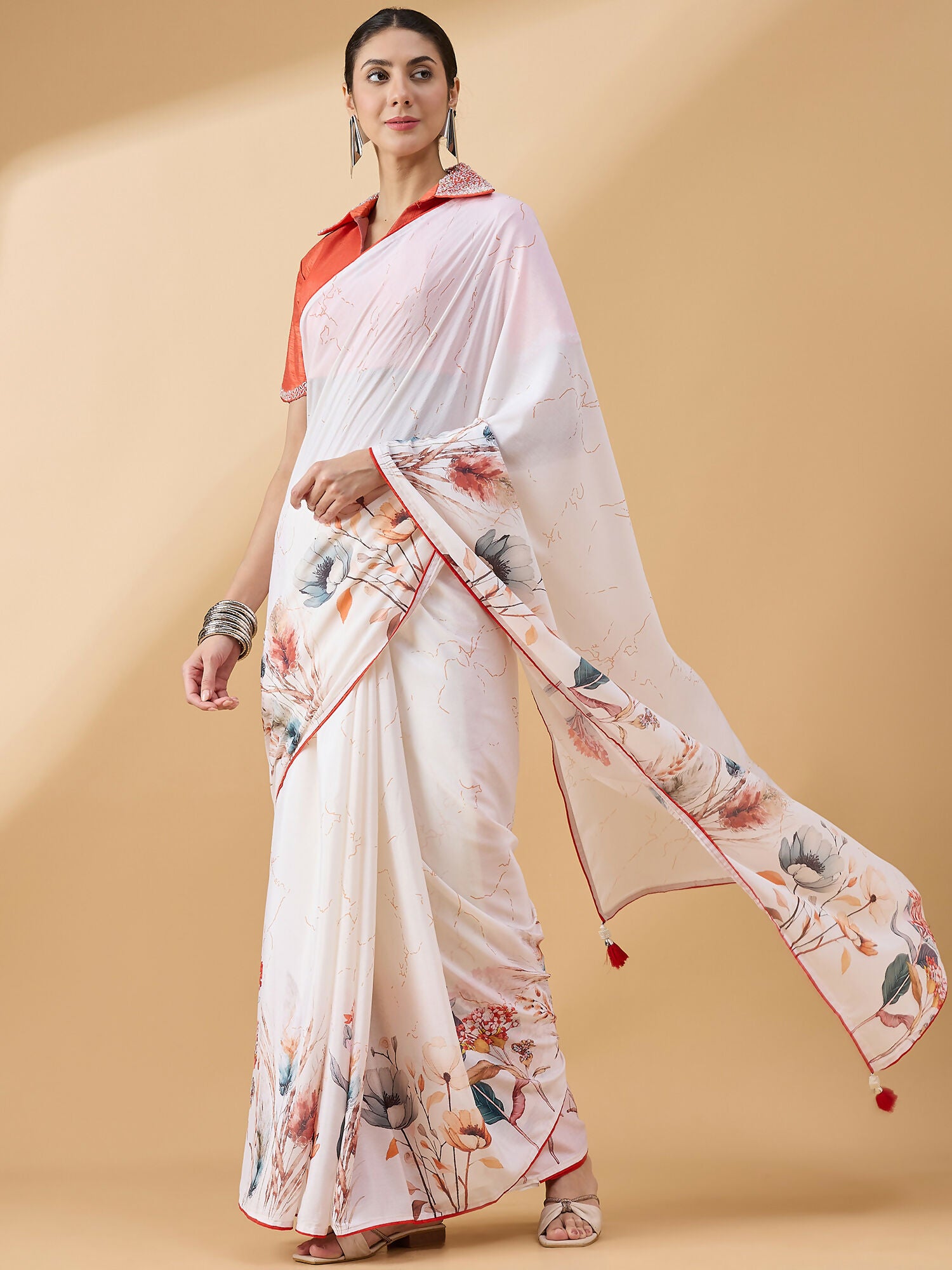 White Chiffon Floral Printed Saree with Stitched Blouse - Dharavi - Distacart