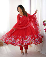 Thumbnail for The52 Women's Gorgeous Floral Printed Organza Silk Fabric Flared Anarkali Pant and Dupatta Set - Distacart