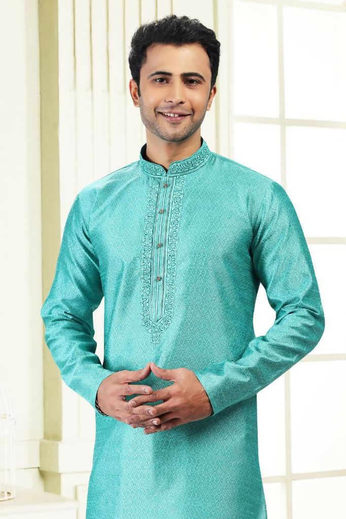Raivat Ethnic Jacquard Banarasi Silk Thread Work Kurta Pajama In Teal Green Colour - Distacart