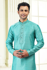 Thumbnail for Raivat Ethnic Jacquard Banarasi Silk Thread Work Kurta Pajama In Teal Green Colour - Distacart
