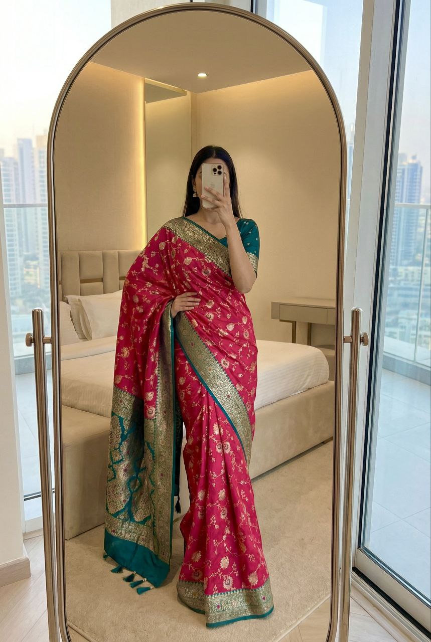 Mameraa Sarees Pink Soft Silk Blend Saree With Zari Weaving Meenakari Design-Pink - Dista