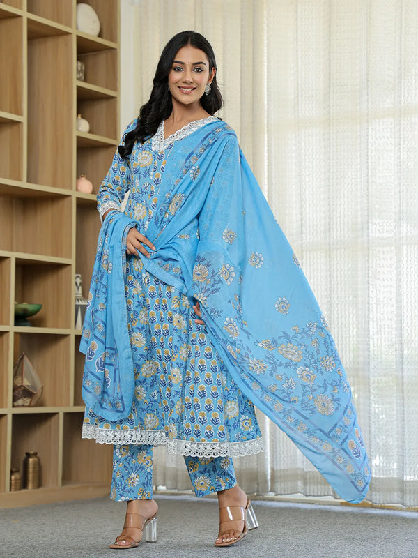 Yufta Pure Cotton Blue Anarkali Kurta Dupatta Set With Lacework