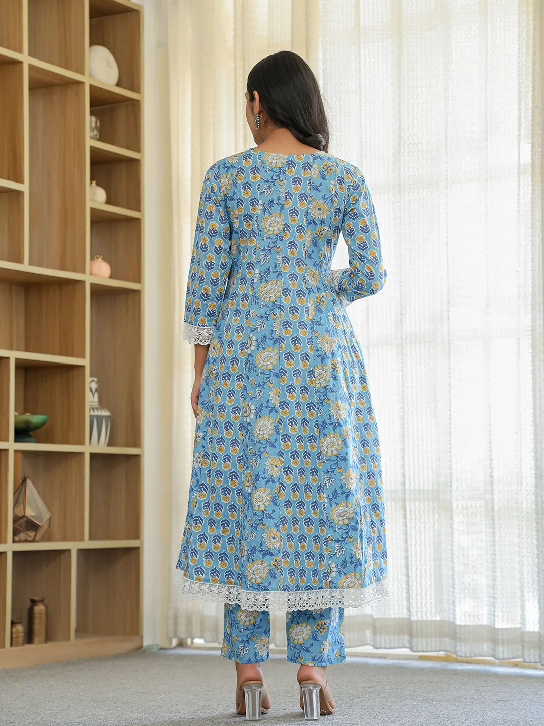 Yufta Pure Cotton Blue Anarkali Kurta Dupatta Set With Lacework