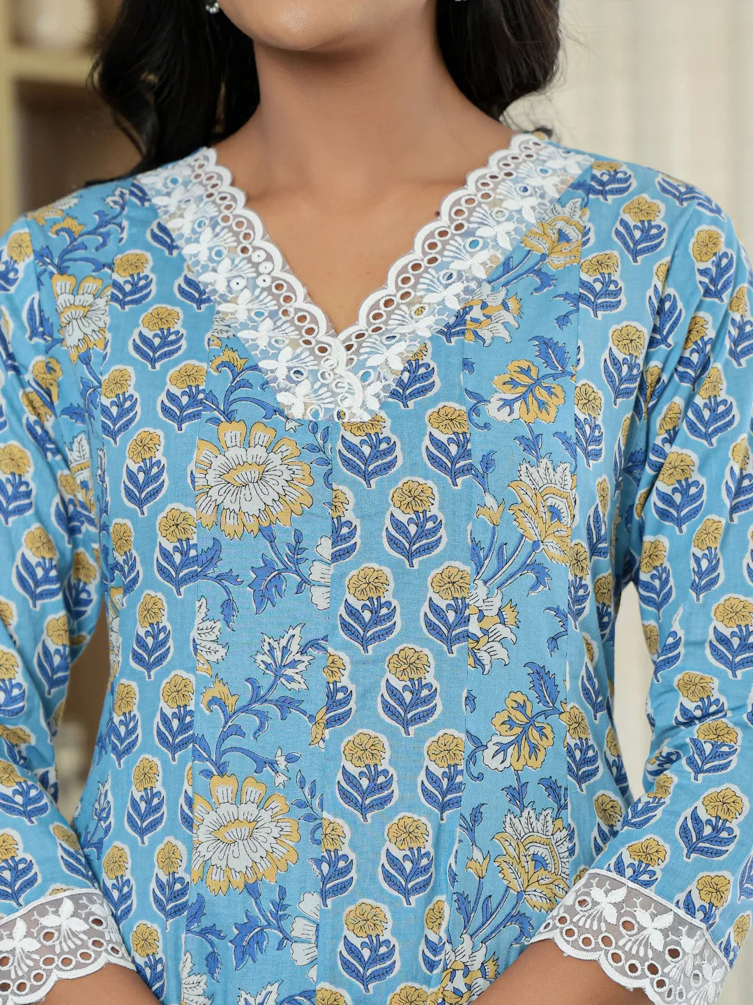Yufta Pure Cotton Blue Anarkali Kurta Dupatta Set With Lacework