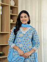 Thumbnail for Yufta Pure Cotton Blue Anarkali Kurta Dupatta Set With Lacework