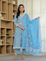 Thumbnail for Yufta Pure Cotton Blue Anarkali Kurta Dupatta Set With Lacework