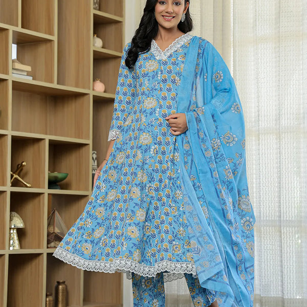 Yufta Pure Cotton Blue Anarkali Kurta Dupatta Set With Lacework - Distacart