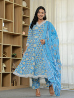 Thumbnail for Yufta Pure Cotton Blue Anarkali Kurta Dupatta Set With Lacework