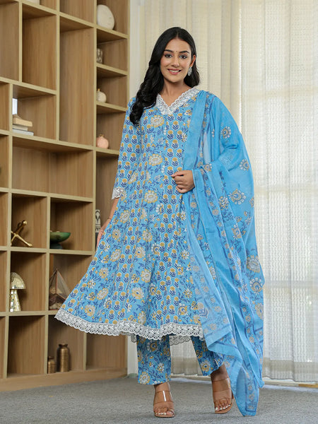 Yufta Pure Cotton Blue Anarkali Kurta Dupatta Set With Lacework