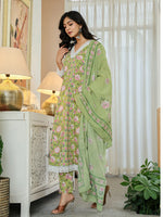 Thumbnail for Yufta Pure Cotton Green Anarkali Kurta Dupatta Set With Lacework