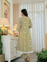 Thumbnail for Yufta Pure Cotton Green Anarkali Kurta Dupatta Set With Lacework