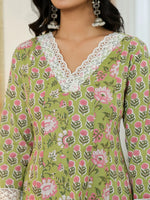 Thumbnail for Yufta Pure Cotton Green Anarkali Kurta Dupatta Set With Lacework