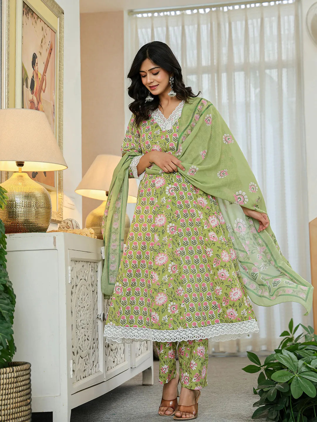 Yufta Pure Cotton Green Anarkali Kurta Dupatta Set With Lacework