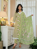 Thumbnail for Yufta Pure Cotton Green Anarkali Kurta Dupatta Set With Lacework