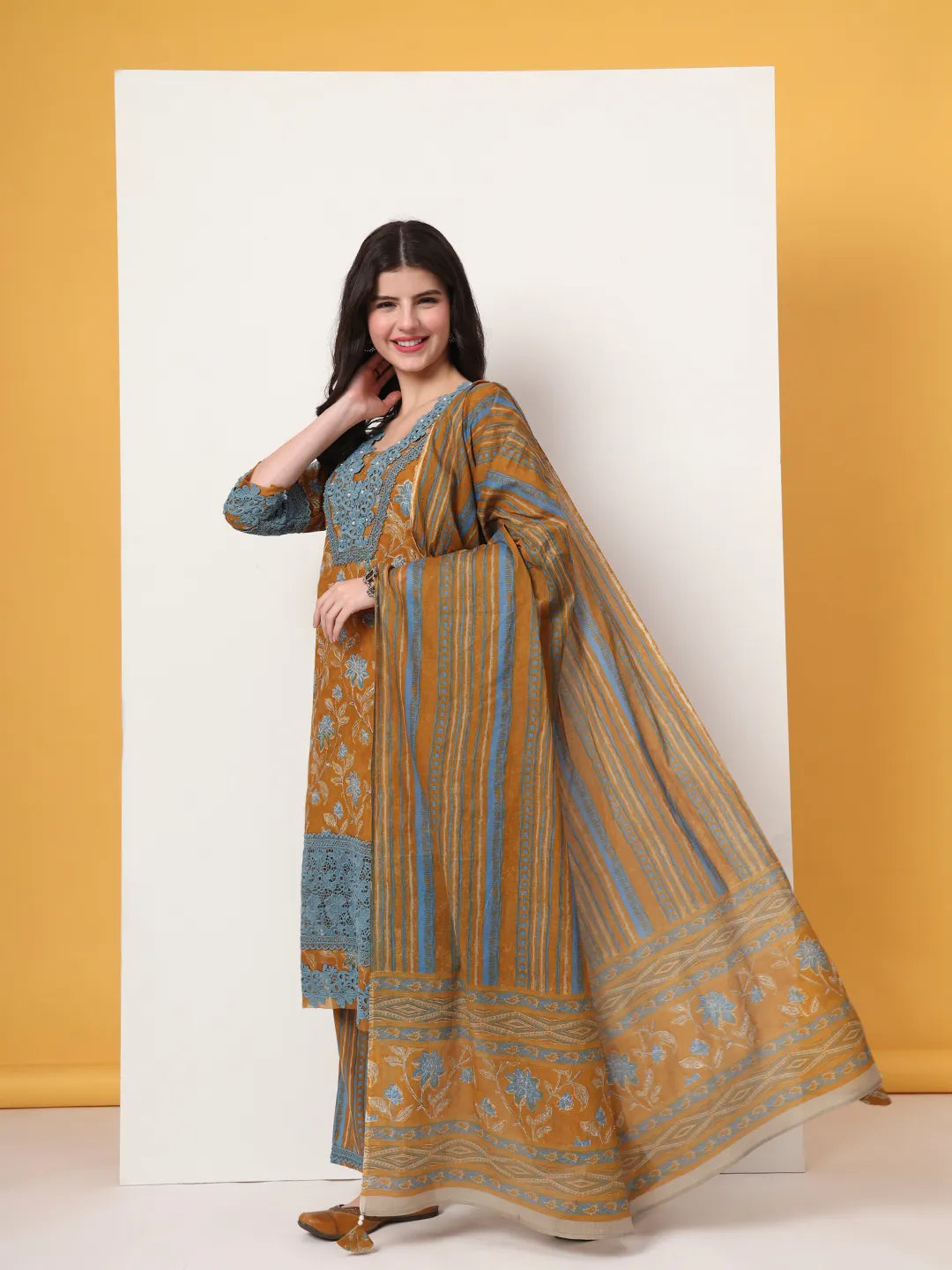 Yufta Pure Cotton Mustard Kurta Dupatta Set With Lace Detailing - Distacart