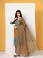 Thumbnail for Yufta Pure Cotton Mustard Kurta Dupatta Set With Lace Detailing