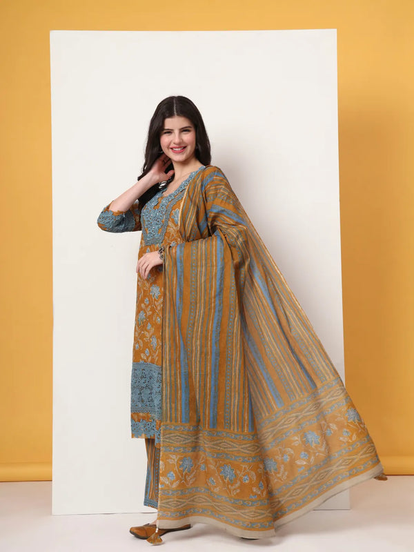 Yufta Pure Cotton Mustard Kurta Dupatta Set With Lace Detailing