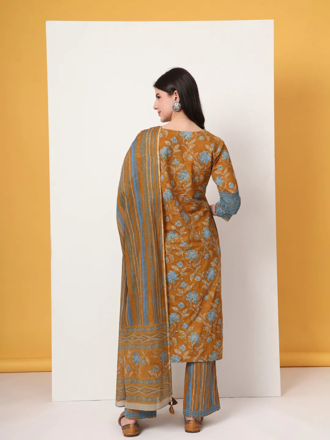 Yufta Pure Cotton Mustard Kurta Dupatta Set With Lace Detailing