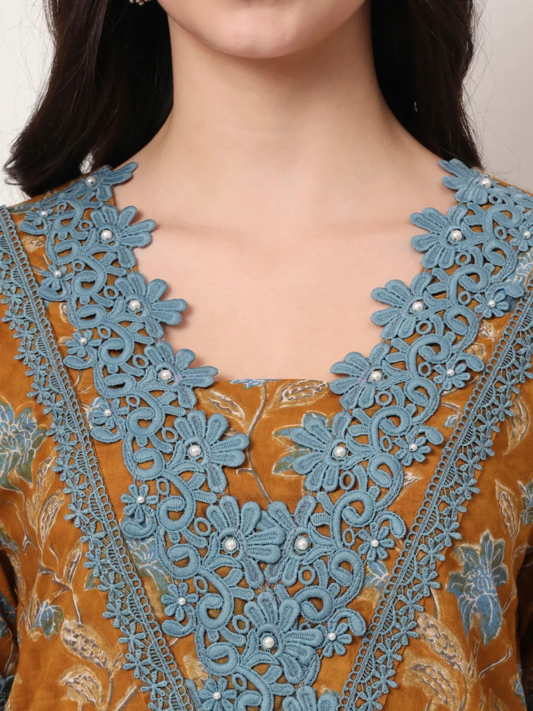 Yufta Pure Cotton Mustard Kurta Dupatta Set With Lace Detailing