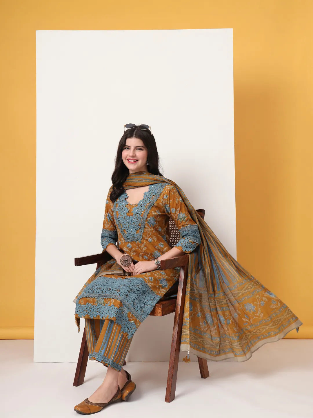 Yufta Pure Cotton Mustard Kurta Dupatta Set With Lace Detailing