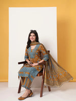 Thumbnail for Yufta Pure Cotton Mustard Kurta Dupatta Set With Lace Detailing