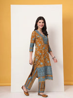 Thumbnail for Yufta Pure Cotton Mustard Kurta Dupatta Set With Lace Detailing