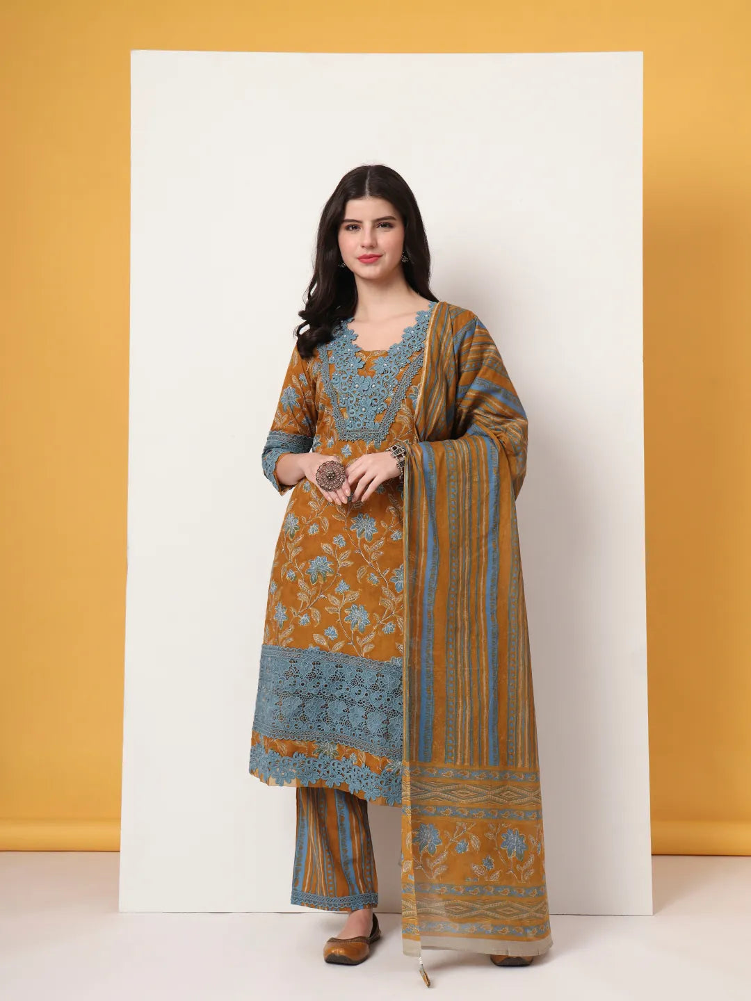 Yufta Pure Cotton Mustard Kurta Dupatta Set With Lace Detailing - Distacart