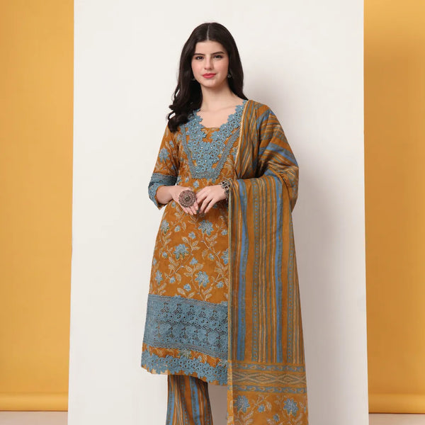 Yufta Pure Cotton Mustard Kurta Dupatta Set With Lace Detailing - Distacart