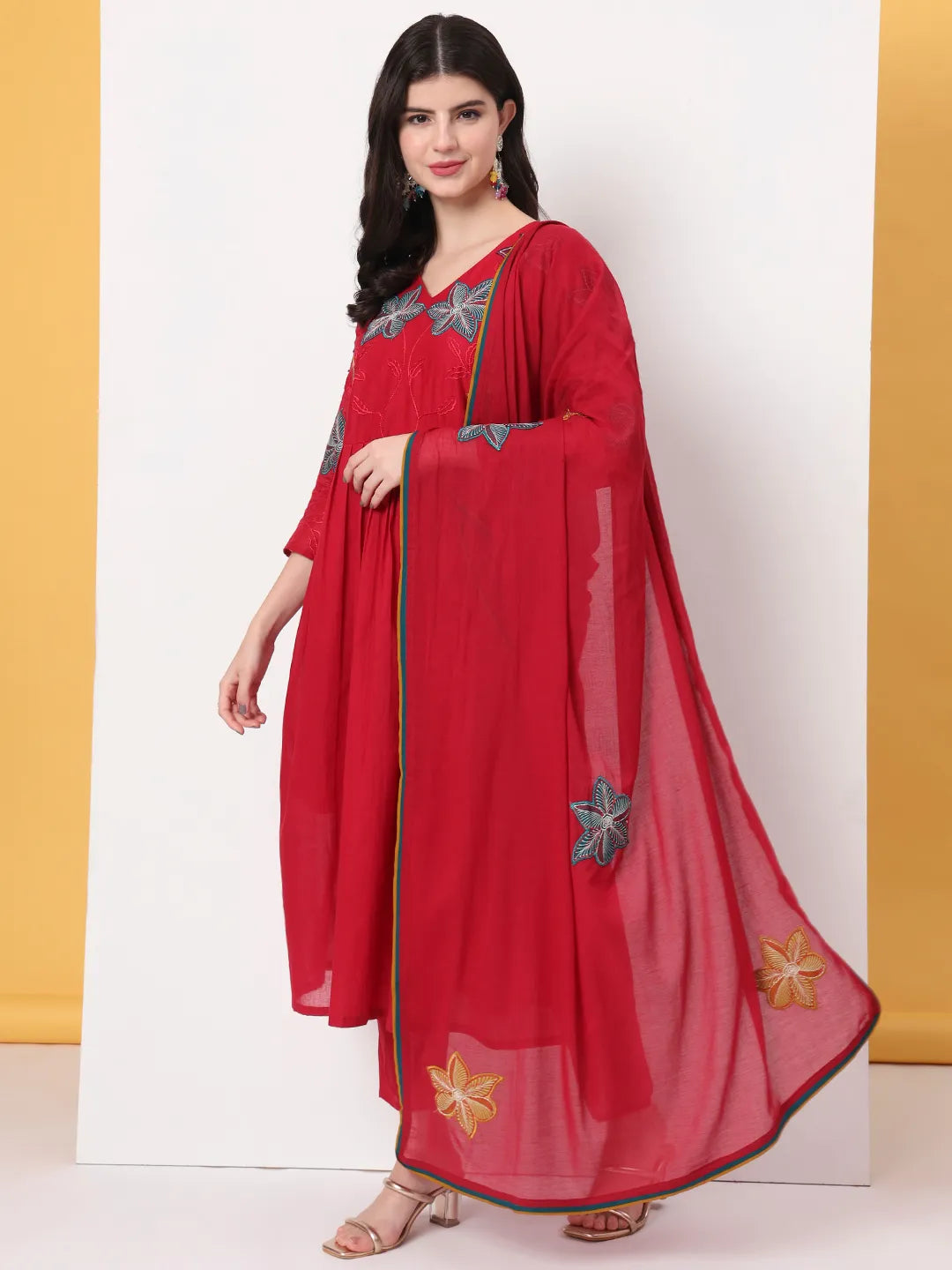 Yufta Pure Cotton Red Anarkali Kurta Dupatta Pant Set - Distacart