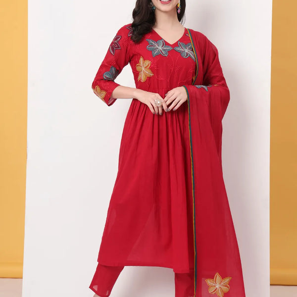Yufta Pure Cotton Red Anarkali Kurta Dupatta Pant Set - Distacart