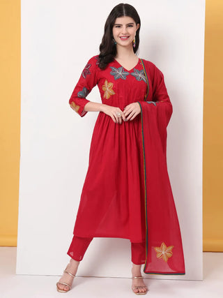 Yufta Pure Cotton Red Anarkali Kurta Dupatta Pant Set - Distacart