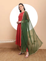 Thumbnail for Yufta Pure Cotton Red Anarkali Kurta Dupatta Set