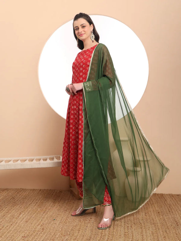 Yufta Pure Cotton Red Anarkali Kurta Dupatta Set